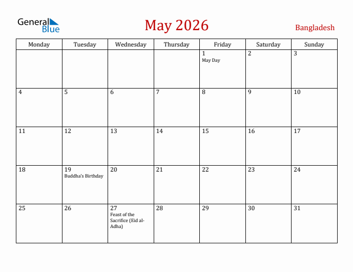 Bangladesh May 2026 Calendar - Monday Start