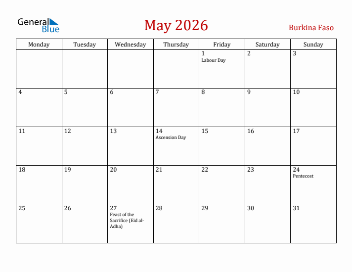 Burkina Faso May 2026 Calendar - Monday Start
