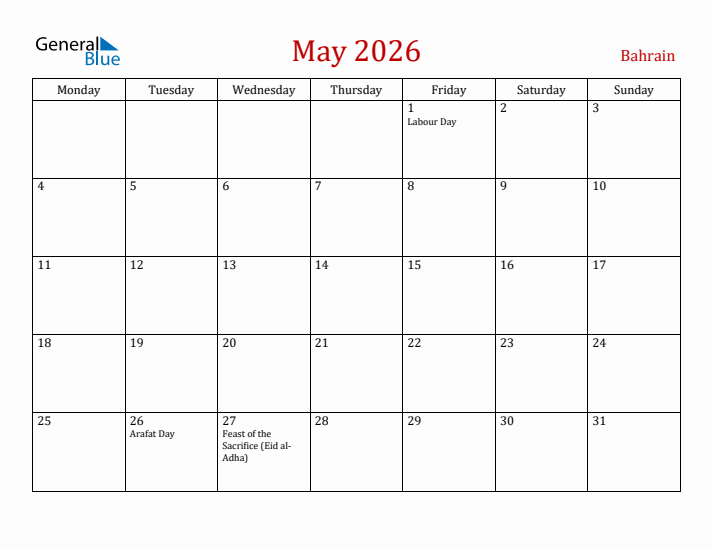 Bahrain May 2026 Calendar - Monday Start