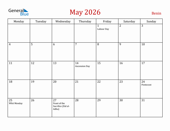 Benin May 2026 Calendar - Monday Start