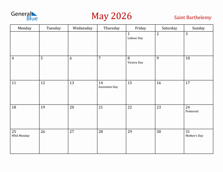 Saint Barthelemy May 2026 Calendar - Monday Start
