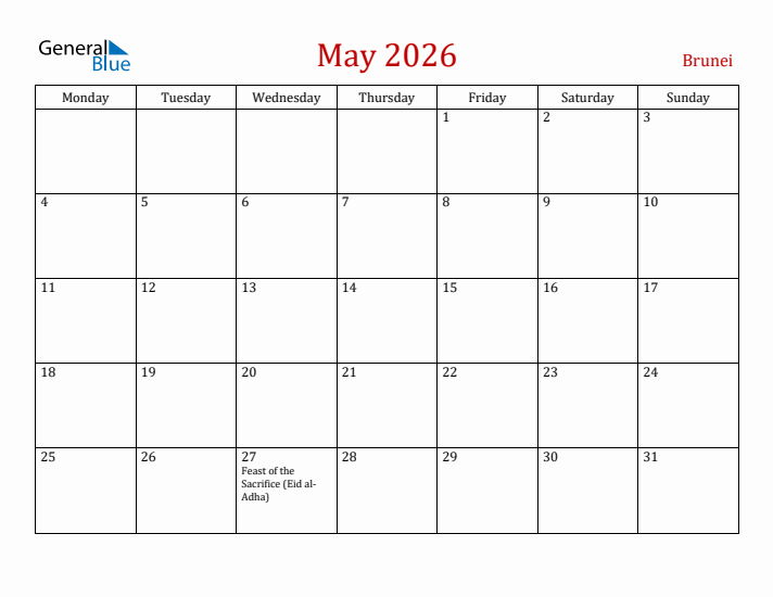 Brunei May 2026 Calendar - Monday Start