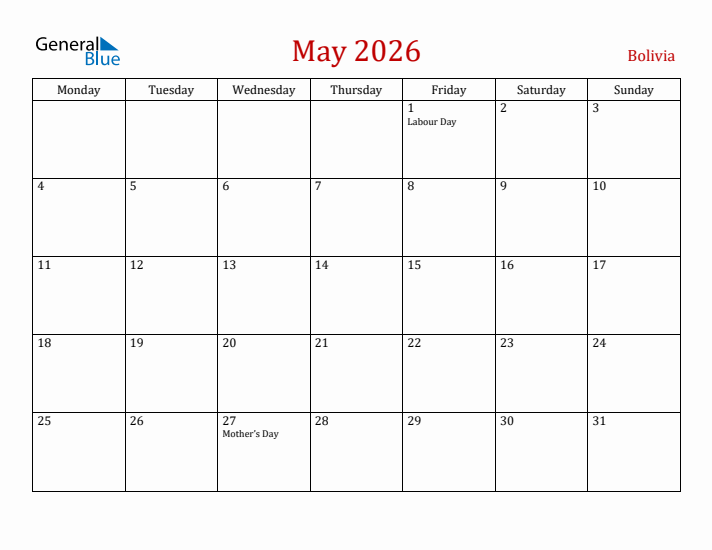 Bolivia May 2026 Calendar - Monday Start
