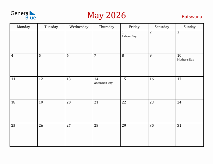 Botswana May 2026 Calendar - Monday Start