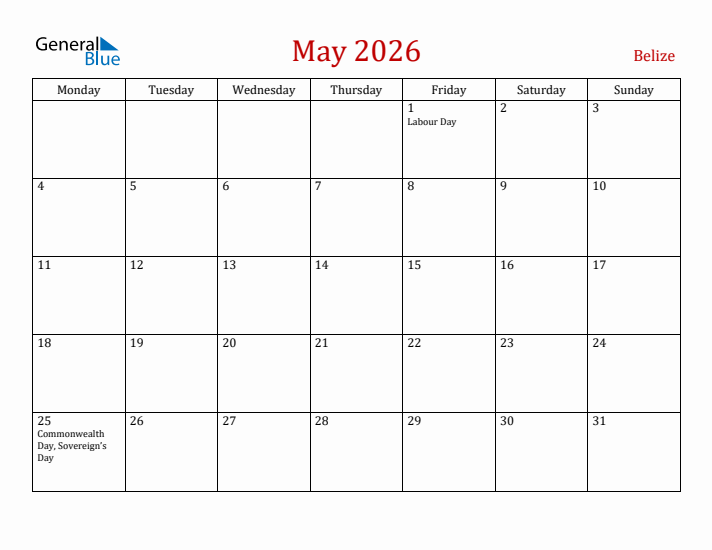 Belize May 2026 Calendar - Monday Start