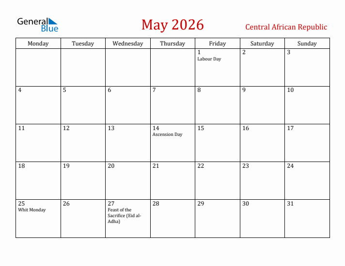 Central African Republic May 2026 Calendar - Monday Start