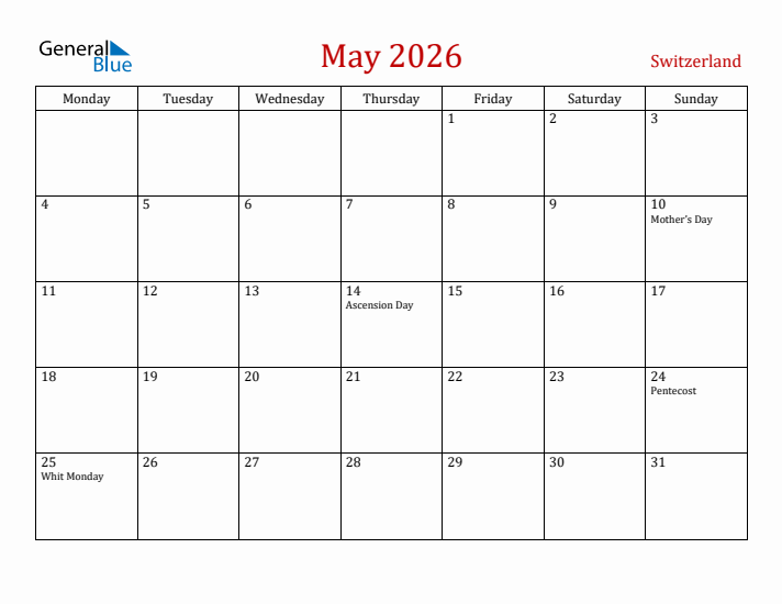 Switzerland May 2026 Calendar - Monday Start