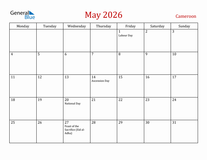 Cameroon May 2026 Calendar - Monday Start