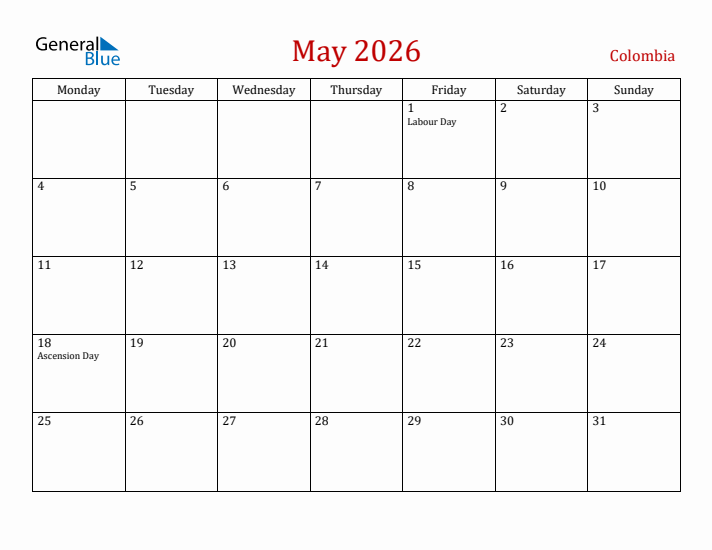 Colombia May 2026 Calendar - Monday Start