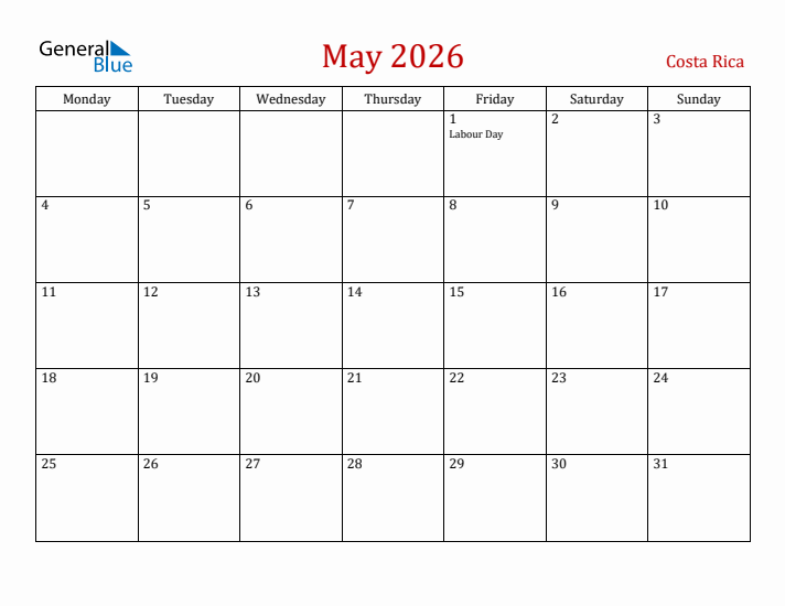Costa Rica May 2026 Calendar - Monday Start