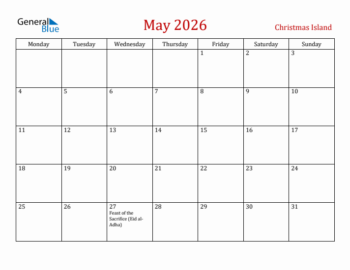 Christmas Island May 2026 Calendar - Monday Start