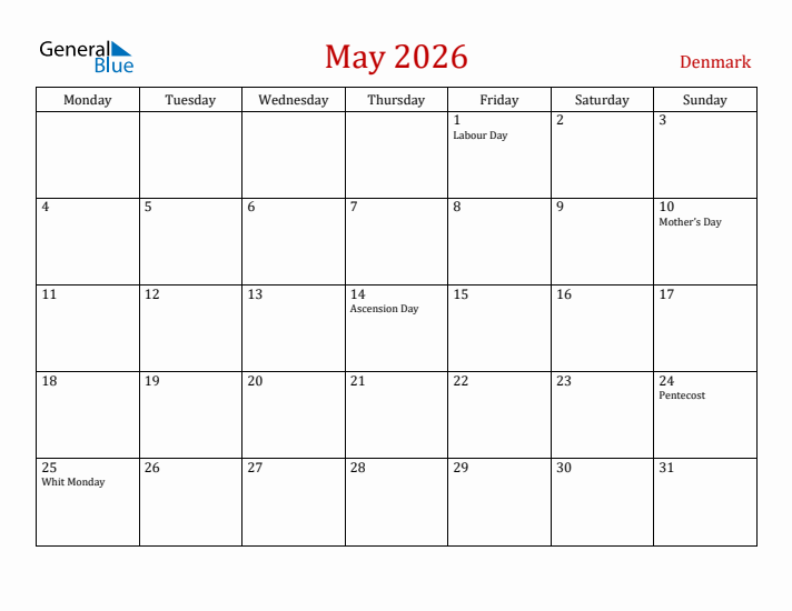 Denmark May 2026 Calendar - Monday Start