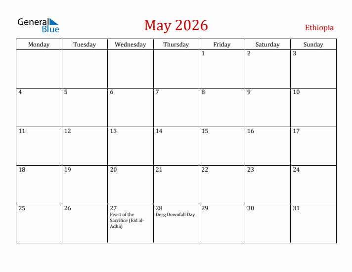 Ethiopia May 2026 Calendar - Monday Start