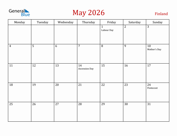 Finland May 2026 Calendar - Monday Start