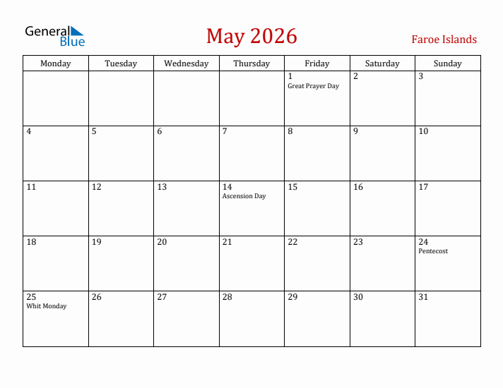 Faroe Islands May 2026 Calendar - Monday Start