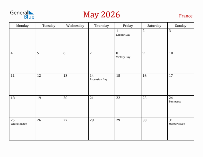 France May 2026 Calendar - Monday Start