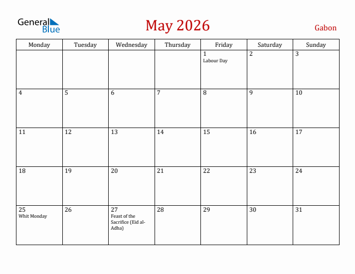 Gabon May 2026 Calendar - Monday Start