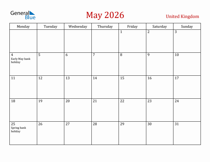 United Kingdom May 2026 Calendar - Monday Start