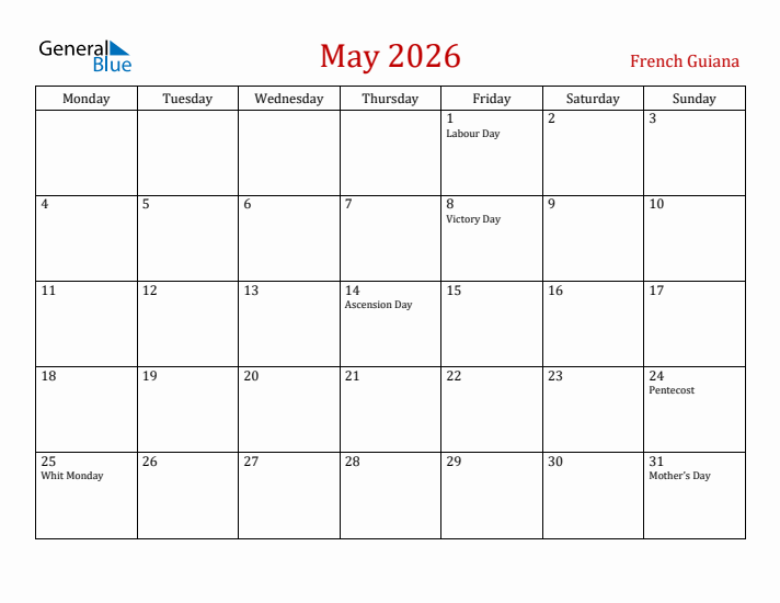 French Guiana May 2026 Calendar - Monday Start