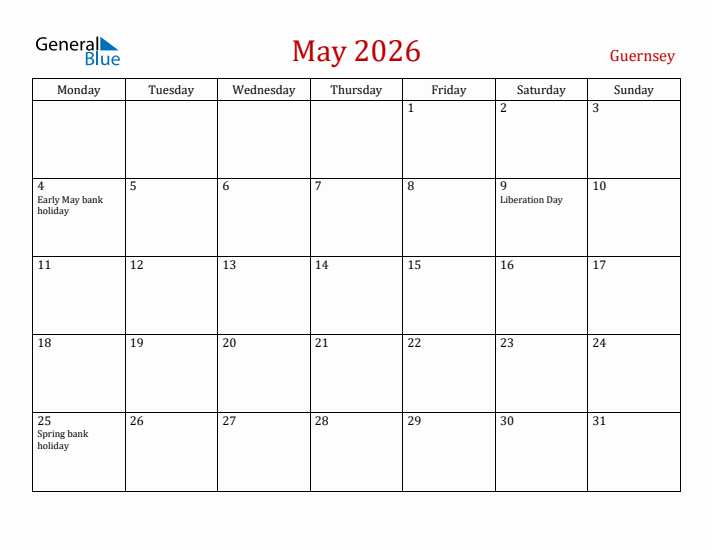 Guernsey May 2026 Calendar - Monday Start