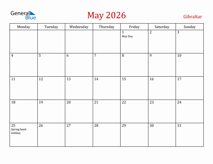 Gibraltar May 2026 Calendar - Monday Start