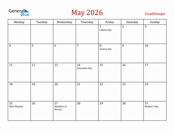 Guadeloupe May 2026 Calendar - Monday Start