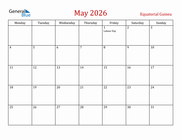 Equatorial Guinea May 2026 Calendar - Monday Start
