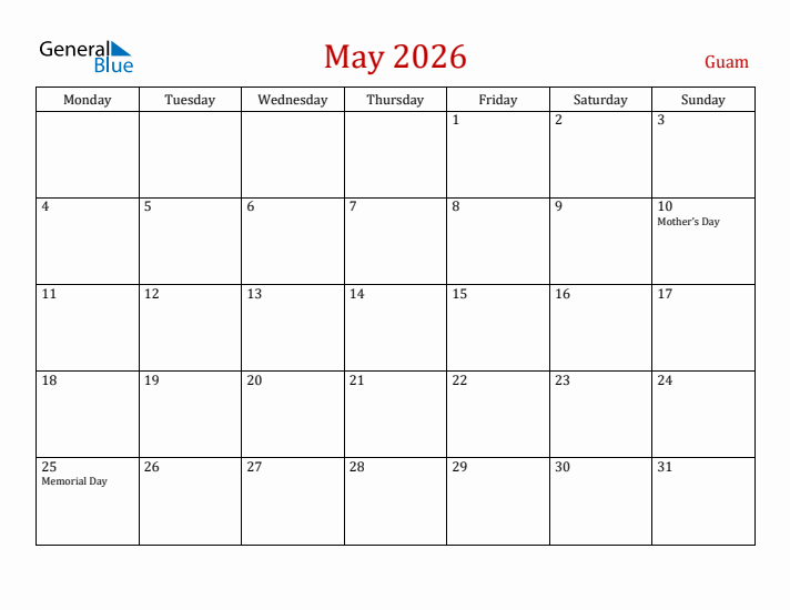 Guam May 2026 Calendar - Monday Start