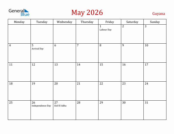 Guyana May 2026 Calendar - Monday Start