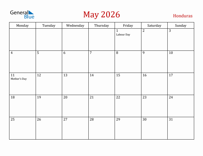 Honduras May 2026 Calendar - Monday Start