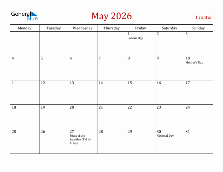 Croatia May 2026 Calendar - Monday Start