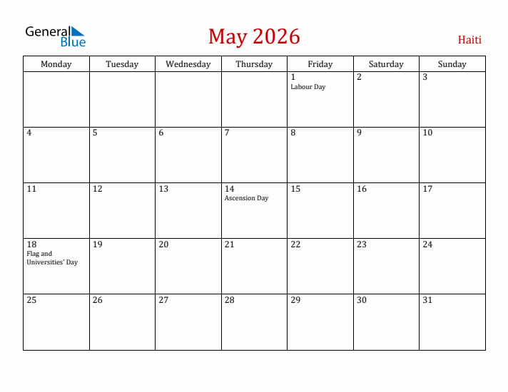 Haiti May 2026 Calendar - Monday Start