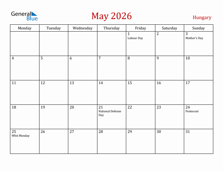 Hungary May 2026 Calendar - Monday Start