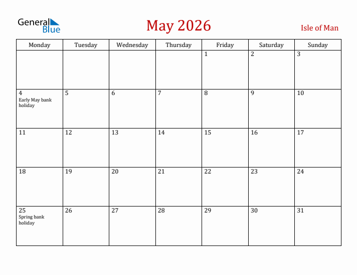 Isle of Man May 2026 Calendar - Monday Start