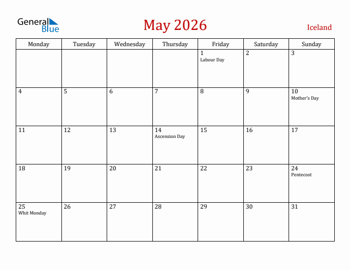Iceland May 2026 Calendar - Monday Start