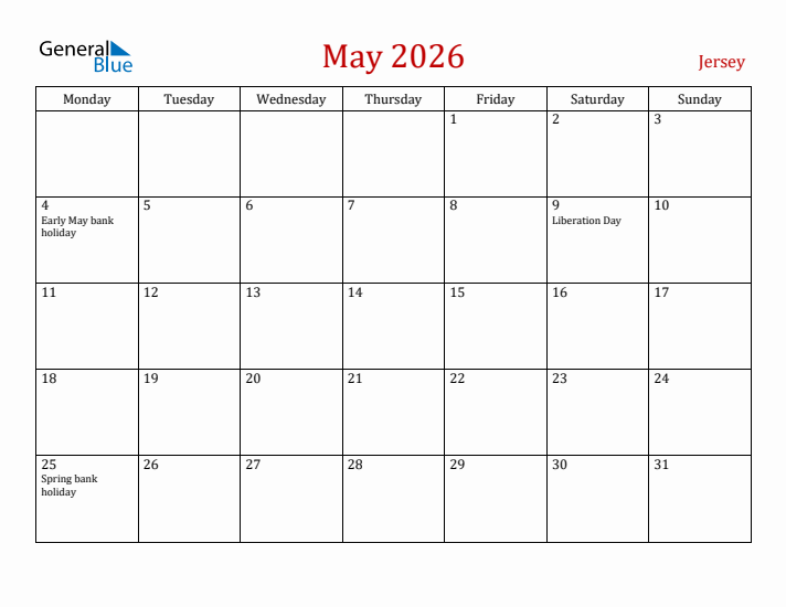 Jersey May 2026 Calendar - Monday Start