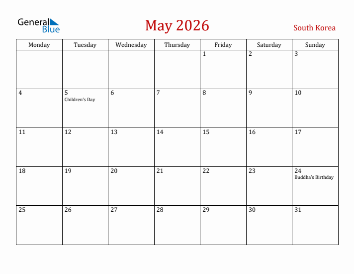 South Korea May 2026 Calendar - Monday Start