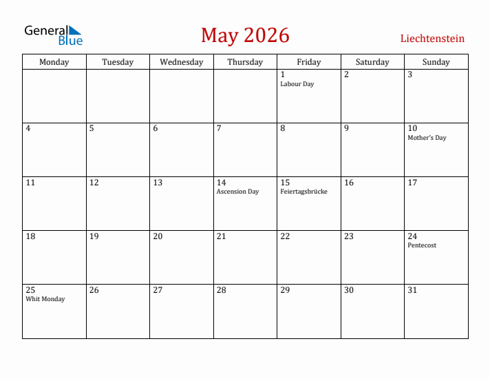 Liechtenstein May 2026 Calendar - Monday Start