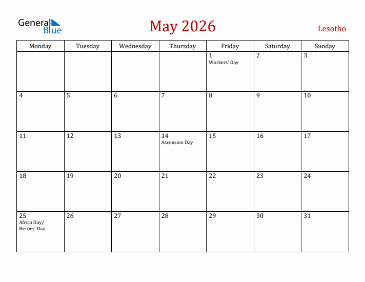 Lesotho May 2026 Calendar - Monday Start