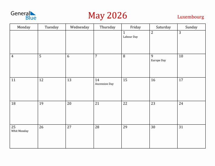 Luxembourg May 2026 Calendar - Monday Start