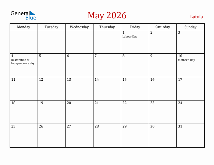 Latvia May 2026 Calendar - Monday Start