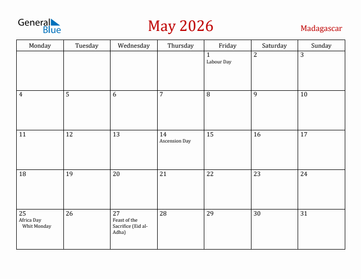 Madagascar May 2026 Calendar - Monday Start
