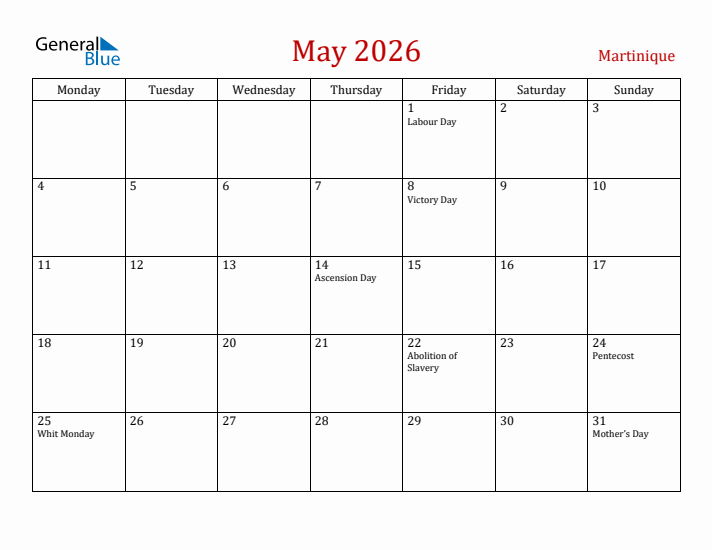 Martinique May 2026 Calendar - Monday Start