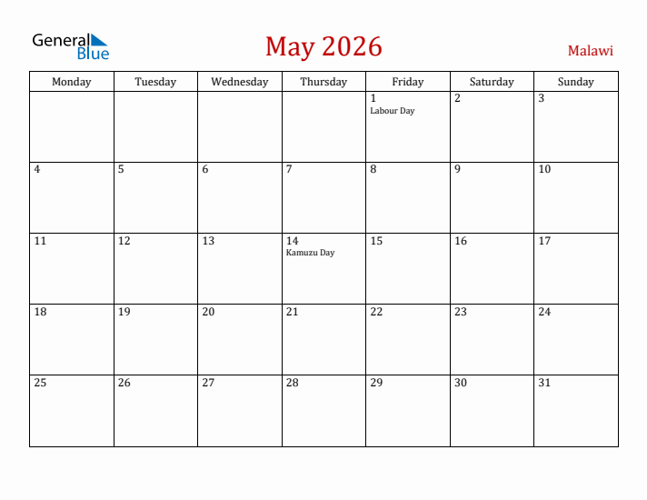 Malawi May 2026 Calendar - Monday Start