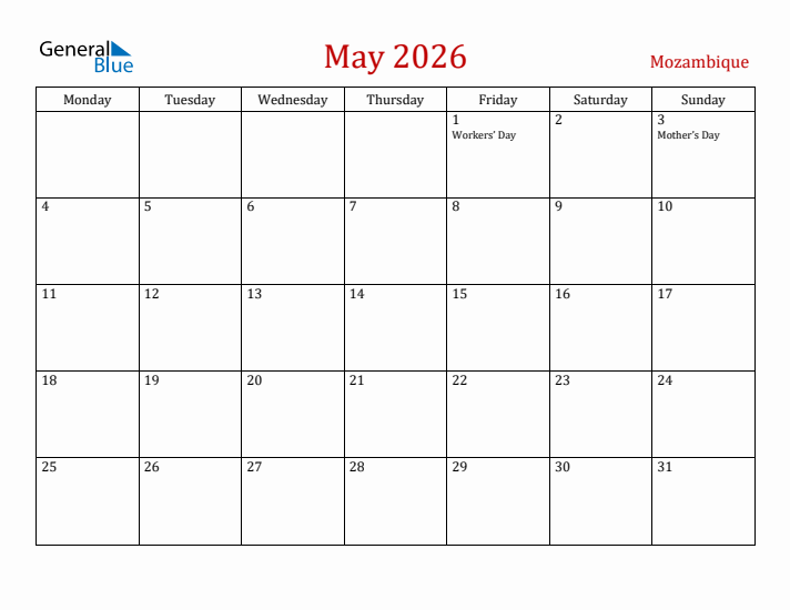Mozambique May 2026 Calendar - Monday Start