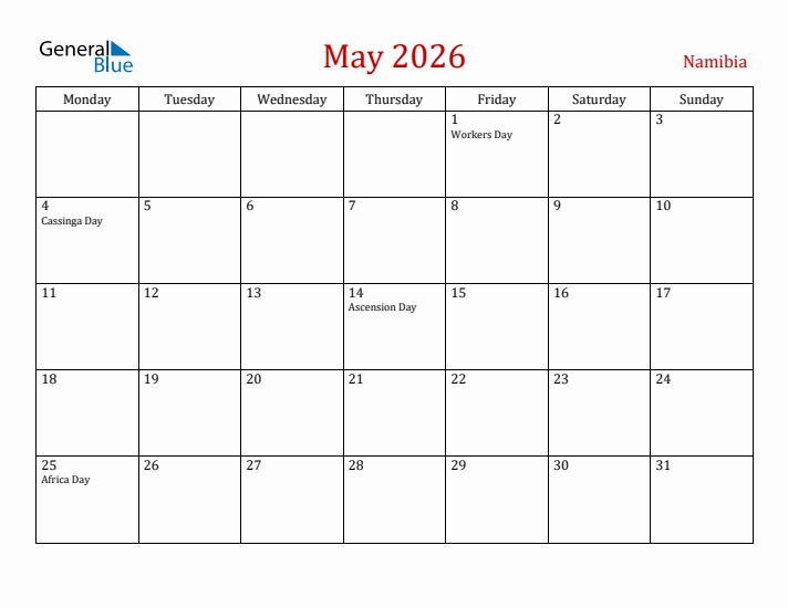 Namibia May 2026 Calendar - Monday Start