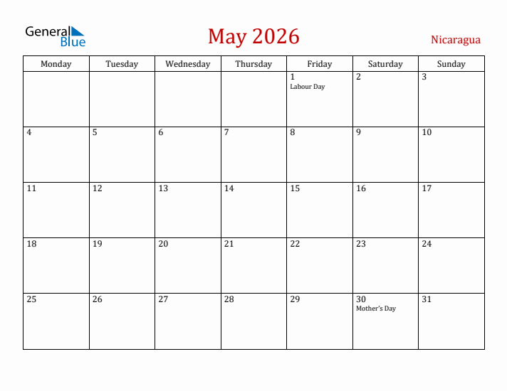 Nicaragua May 2026 Calendar - Monday Start