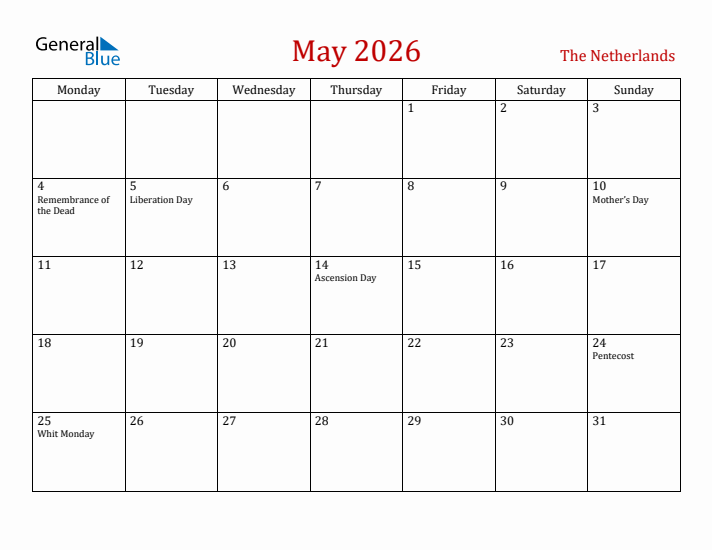 The Netherlands May 2026 Calendar - Monday Start