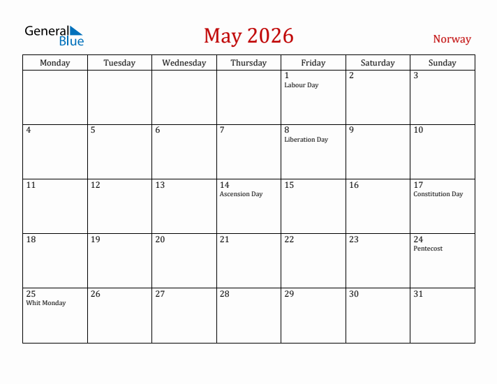Norway May 2026 Calendar - Monday Start