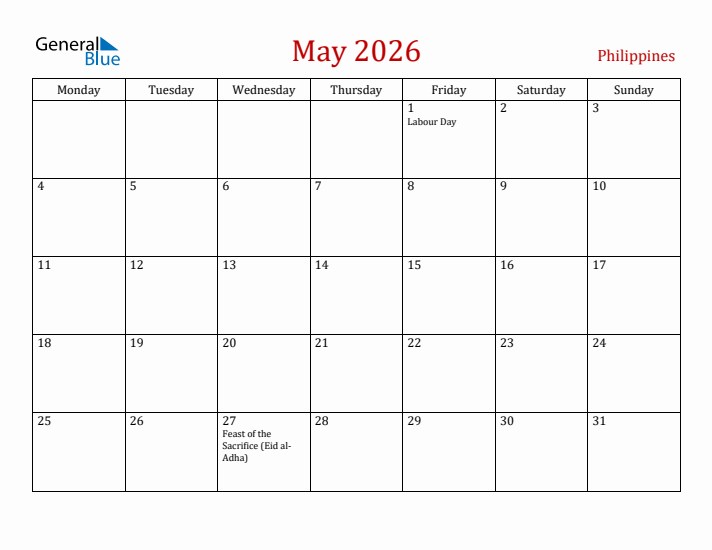 Philippines May 2026 Calendar - Monday Start